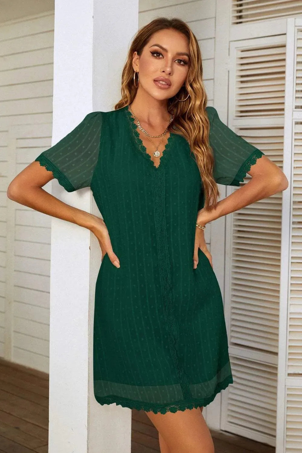 Lace Detail V-Neck Short Sleeve Dress Green Casual Dresses - Tophatter Daily Deals